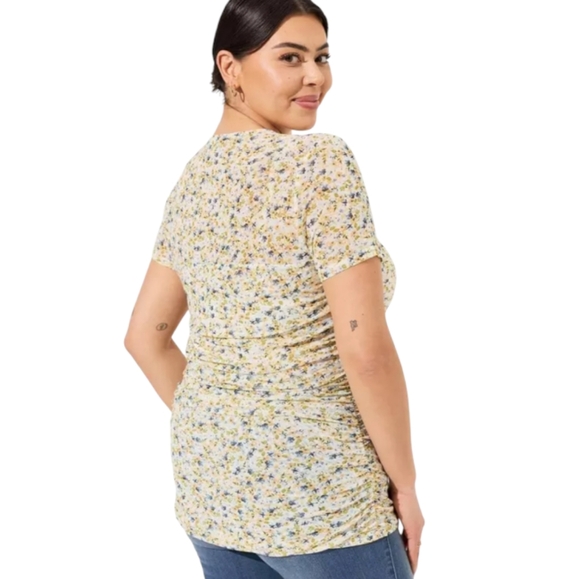 84. Torrid NWOT stretch mesh ruched short sleeve floral top - Picture 2 of 8